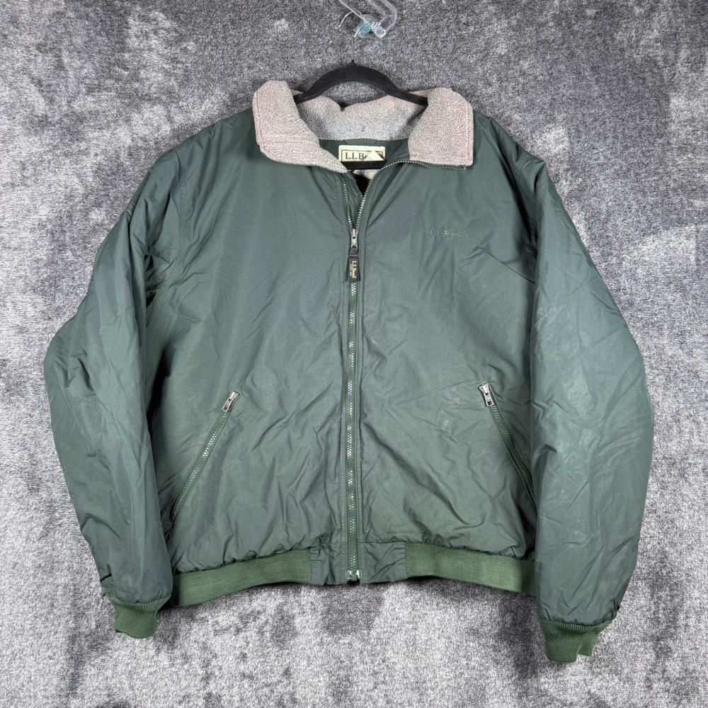 LL Bean Mens Warm-Up Jacket Fleece Lined Sherpa Collar Green Full Zip Large
